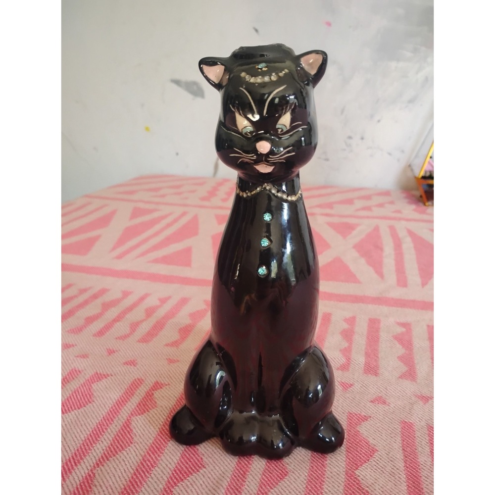 Vintage kitschy MCM black cat vase rhinestones signed Dolly Yandika RARE